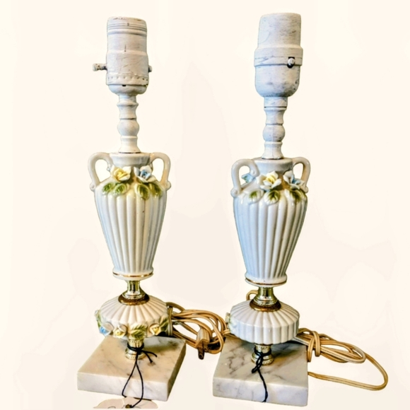 VTG Porcelain Capodimote Vanity Portable Boudoir Lamps Hand Painted Marble Base - Picture 2 of 8